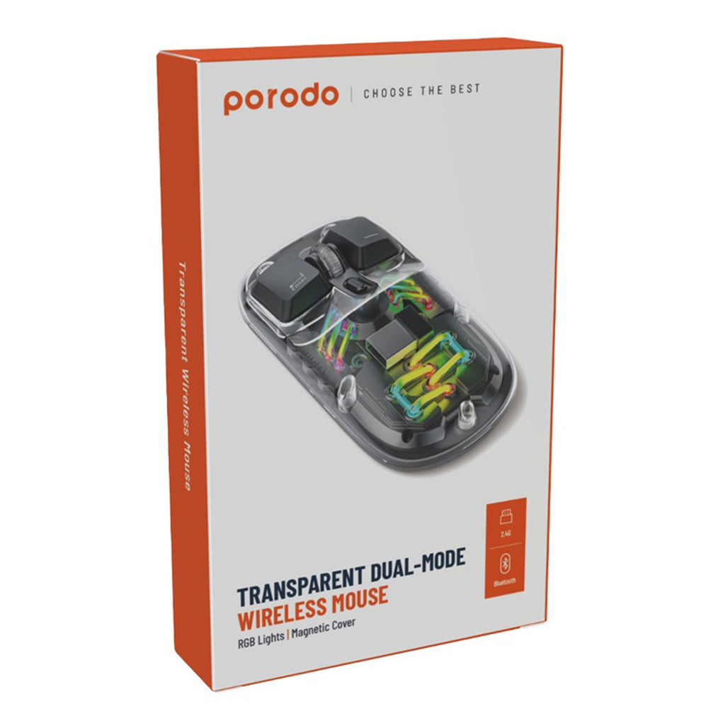 A Photo Of Porodo Transparent Dual-Mode Wireless Mouse with RGB Lighting and Adjustable DPI - 2.4G & Bluetooth Connectivity