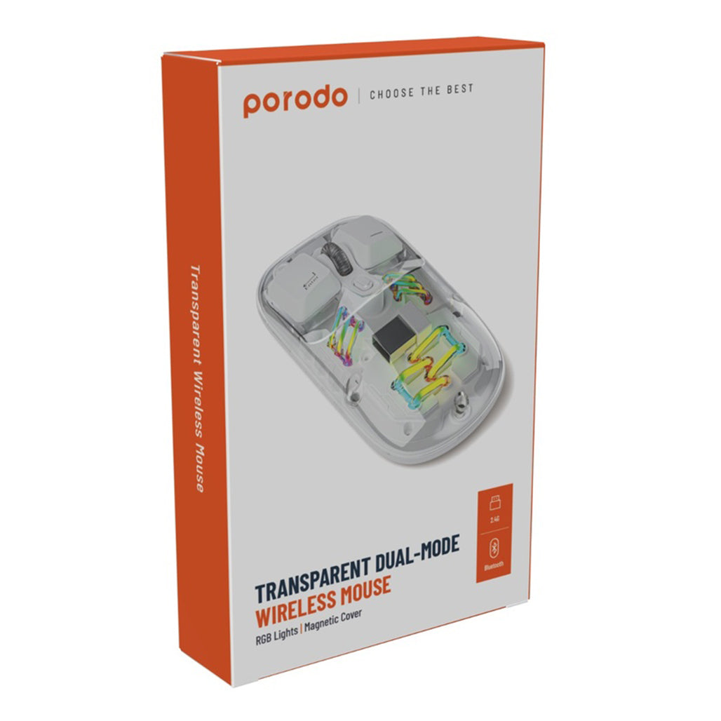 A Photo Of Porodo Transparent Dual-Mode Wireless Mouse with RGB Lighting and Adjustable DPI - 2.4G & Bluetooth Connectivity