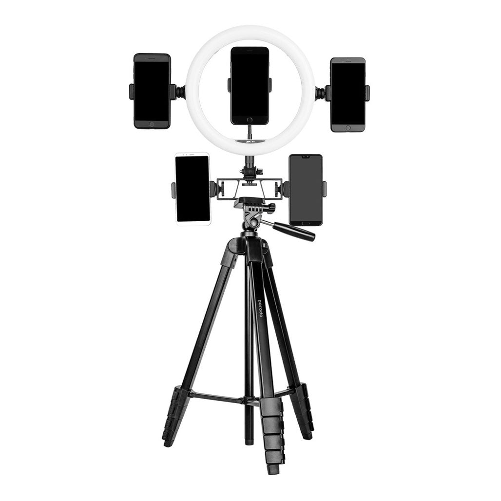 A Photo Of Porodo Professional Gimbal Tripod - Black | Durable Telescopic Tripod for Cameras