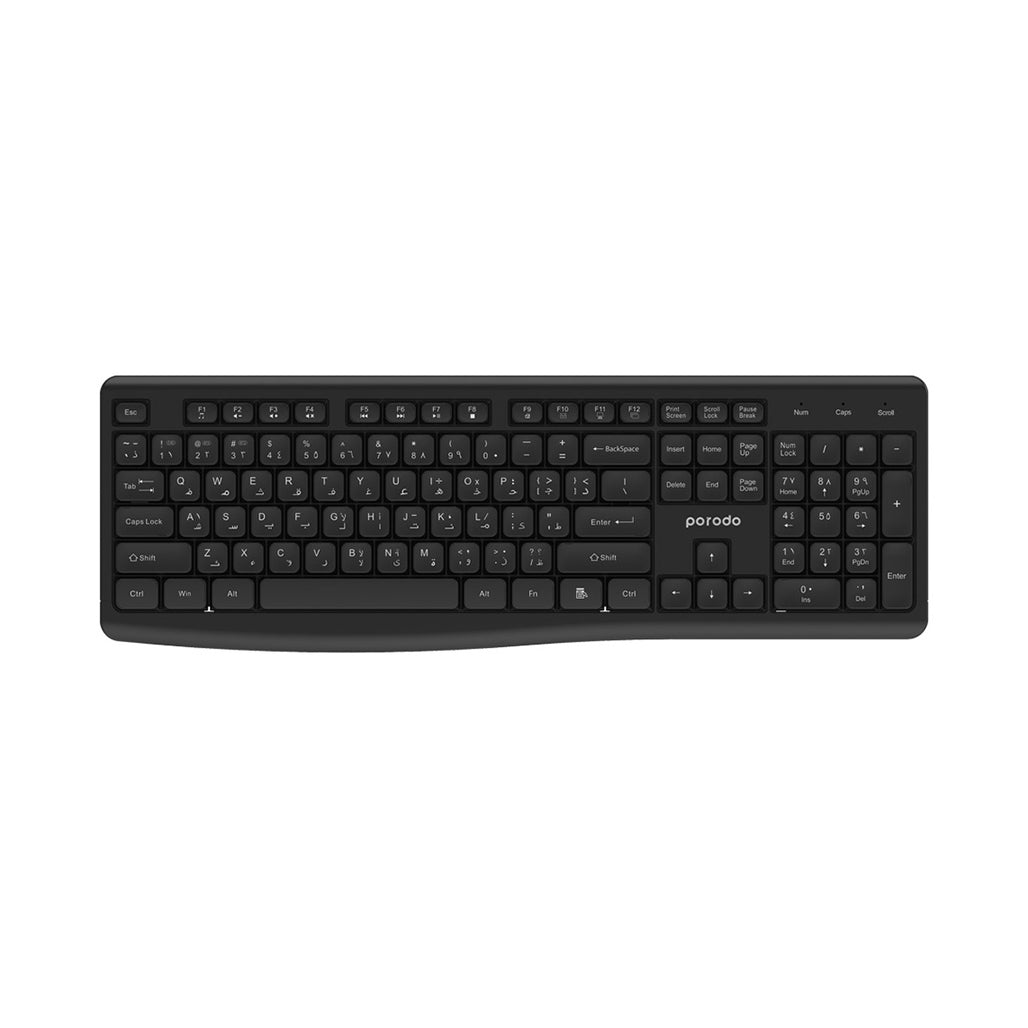 A Photo Of Porodo Dual Mode Wireless Keyboard and Mouse Set – 2.4G & Bluetooth, Adjustable DPI, 104 Keys, Black | PD-W24KBM-BK