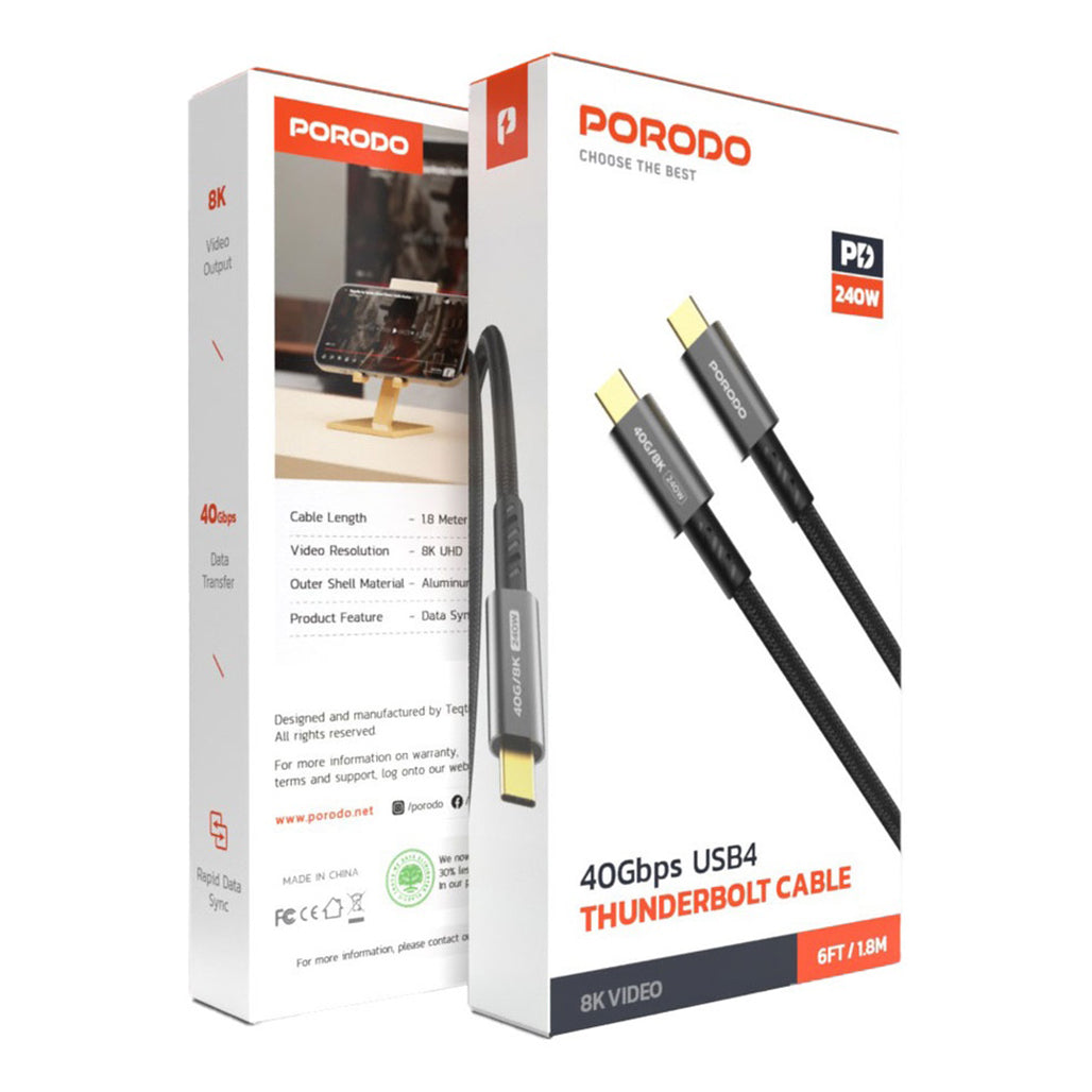 A Photo Of Porodo Woven Type-C to Type-C Cable 240W, 40Gbps, 8K 60Hz – Black