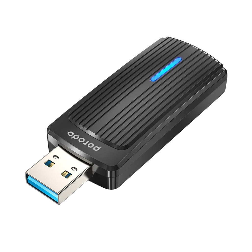 A Photo Of Porodo Dual Band WiFi 6 USB Adapter with USB A to Type-C Converter - 1800Mbps High-Speed Wireless Connectivity, Dual-Band Antenna, and Advanced Security for Windows