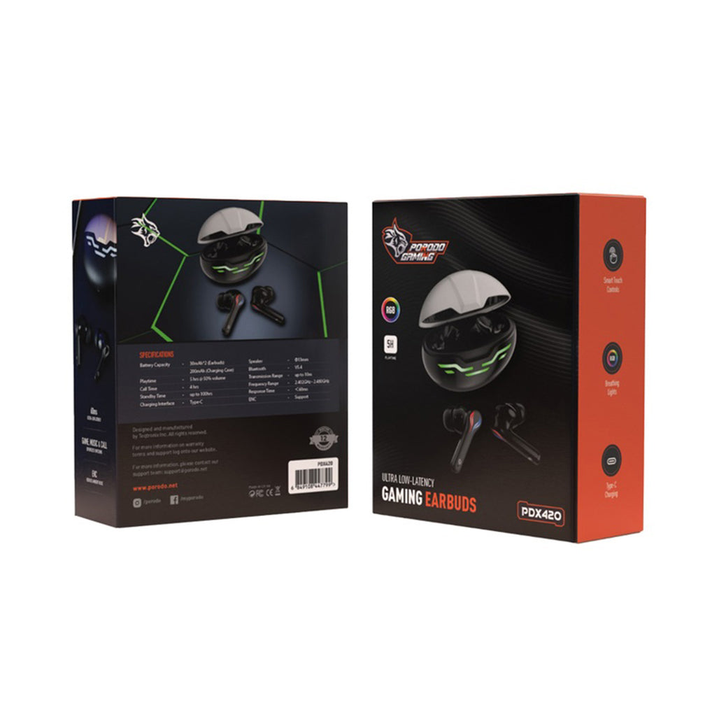 A Photo Of Porodo PDX420 Ultra Low-Latency Gaming Earbuds – ENS Noise Reduction, 5-Hour Playtime, RGB Lighting – Black