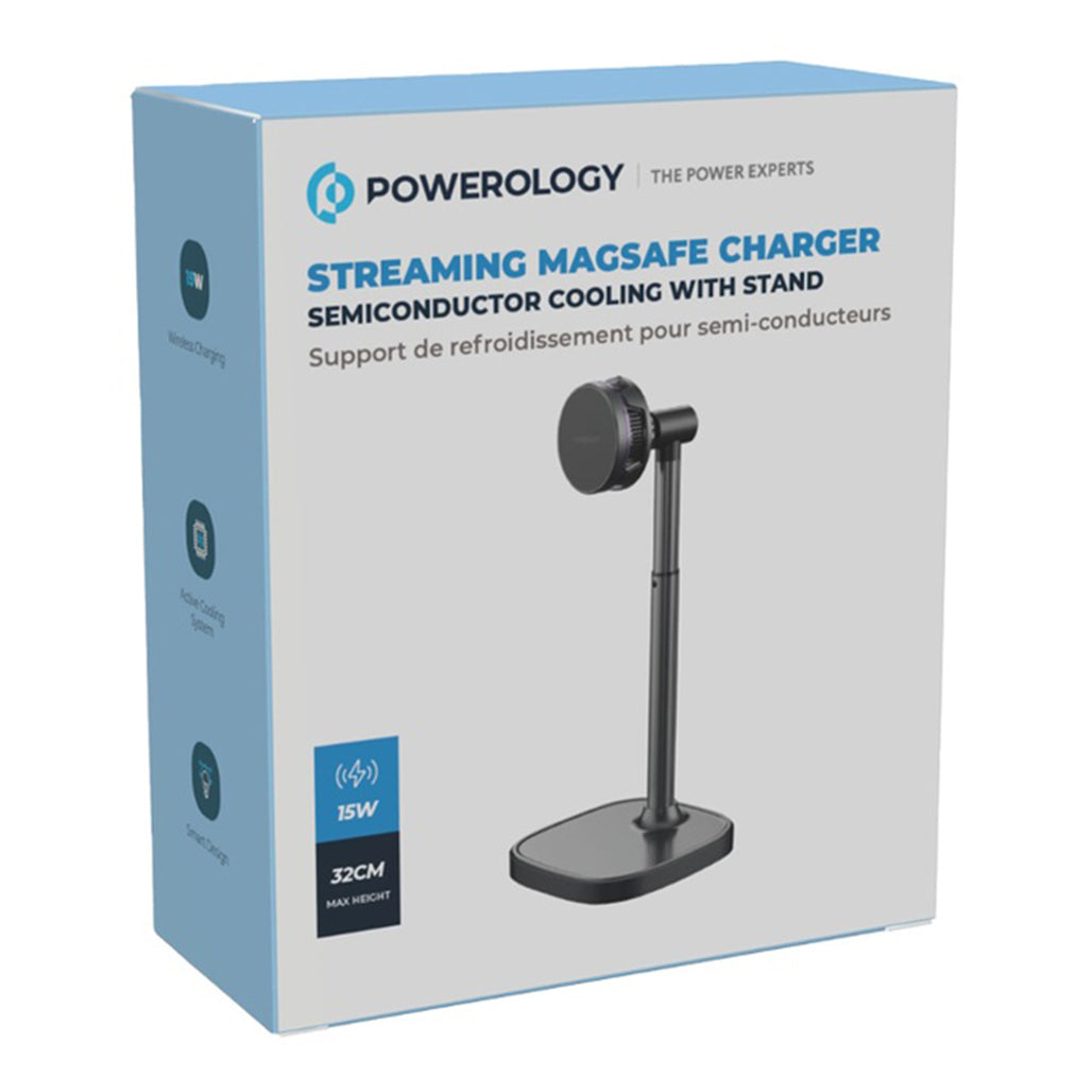 A Photo Of Powerology MagSafe Charger with Stand & Semiconductor Cooling - 15W Wireless Charging, Black