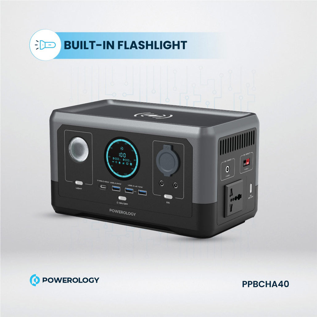 A Photo Of Powerology 300W Portable Power Generator – 76800mAh, 15W Wireless Charging, Fast Charging, Black