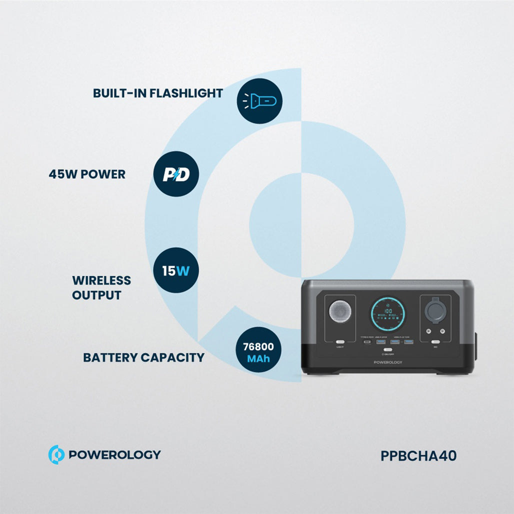 A Photo Of Powerology 300W Portable Power Generator – 76800mAh, 15W Wireless Charging, Fast Charging, Black