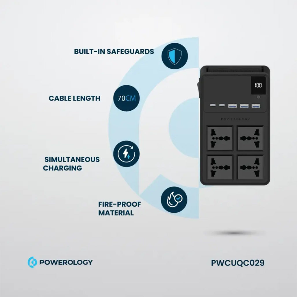 A Photo Of Powerology 2500W Power Strip with 4 AC Outlets, Retractable Cables, and Fast Charging - Black