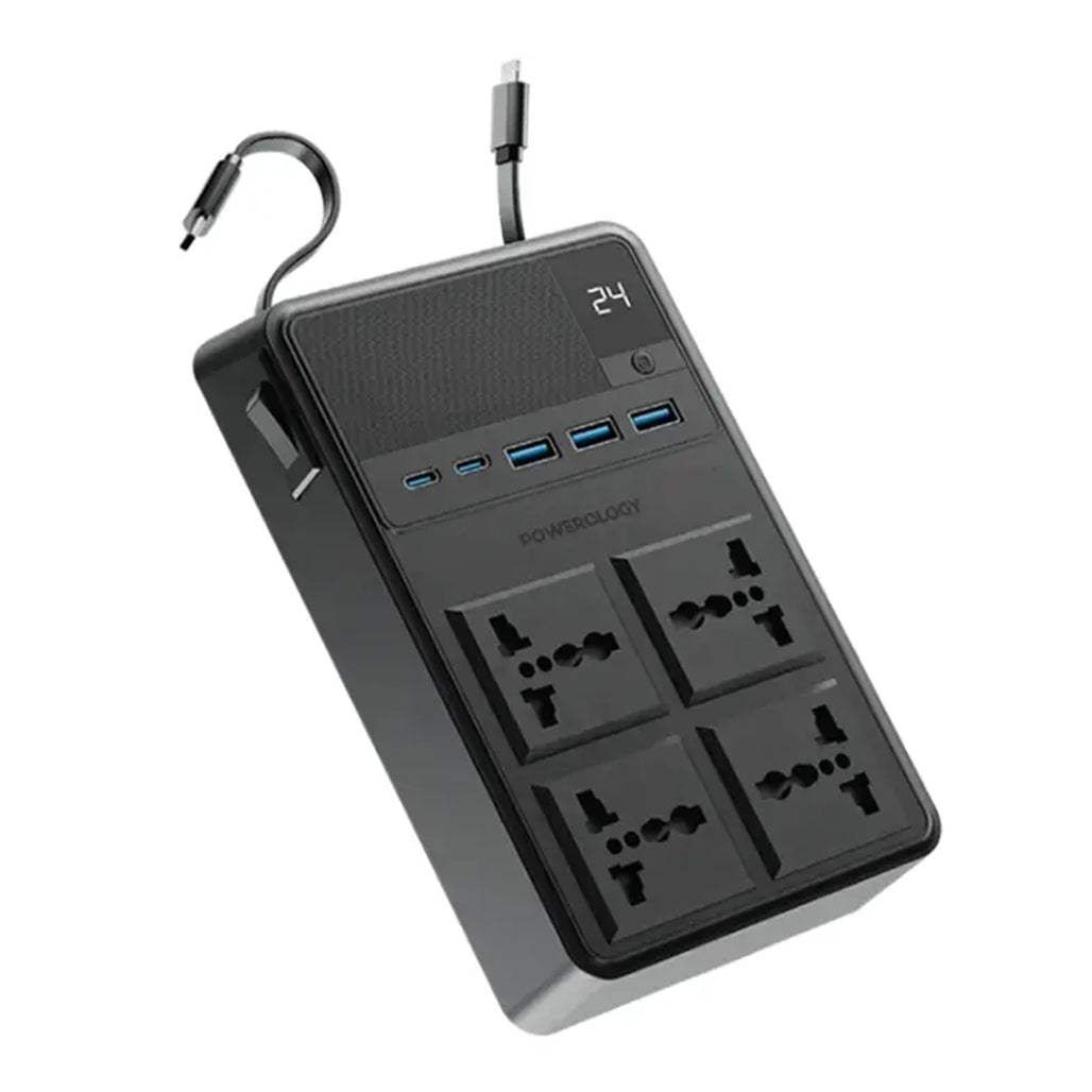 A Photo Of Powerology 2500W Power Strip with 4 AC Outlets, Retractable Cables, and Fast Charging - Black