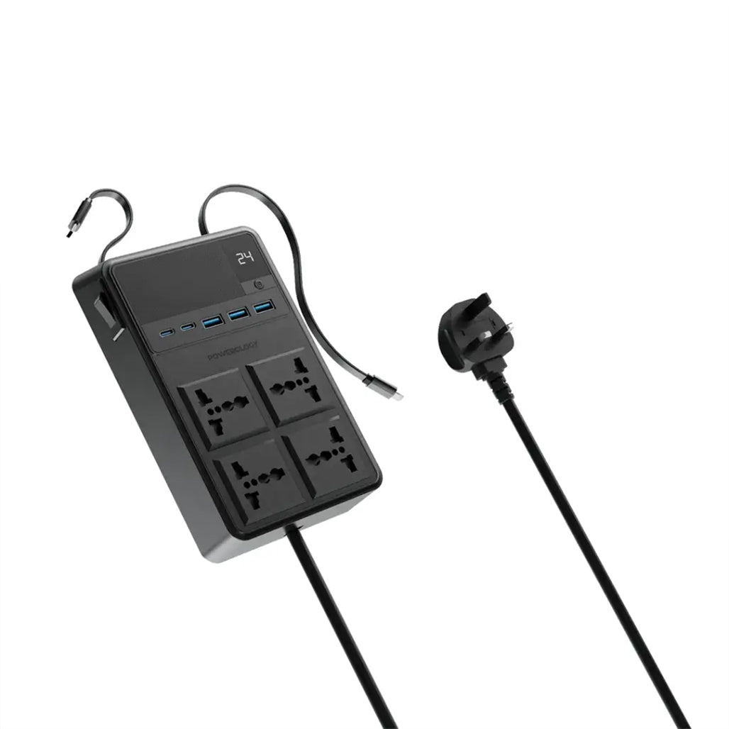 A Photo Of Powerology 2500W Power Strip with 4 AC Outlets, Retractable Cables, and Fast Charging - Black