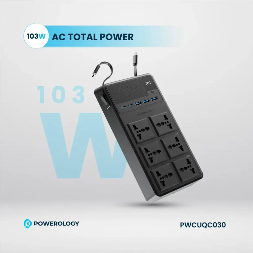 A Photo Of Powerology 2500W 6AC Power Strip with Retractable Cables & USB Fast Charging – Black