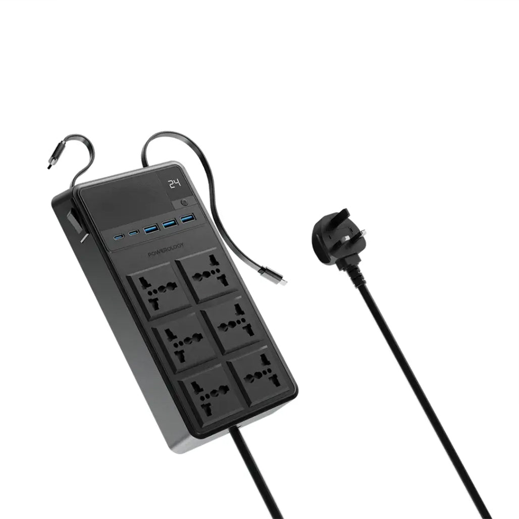 A Photo Of Powerology 2500W 6AC Power Strip with Retractable Cables & USB Fast Charging – Black