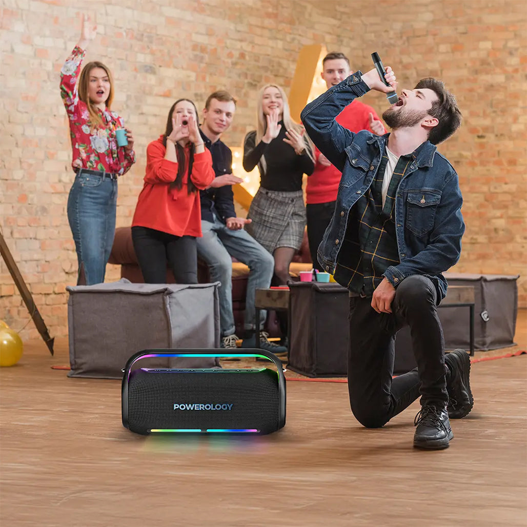 A Photo Of Powerology Deep Bass Party Speaker - 150W Bluetooth Speaker with Atmospheric Light, Power Bank Function, and 12-Hour Playtime – Black