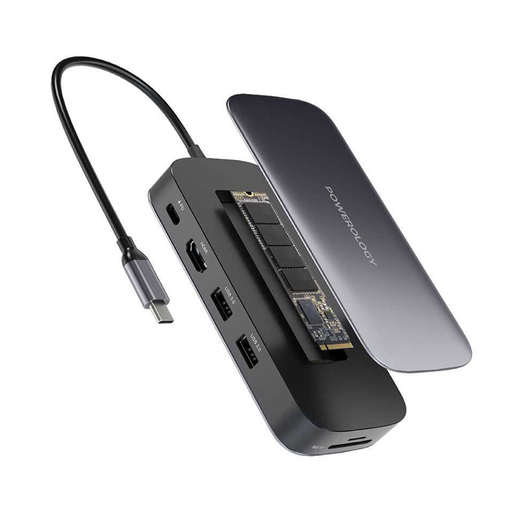 A Photo Of Powerology 512GB USB-C Hub & SSD Drive - All-in-One Connectivity and Storage with PD 100W - Gray