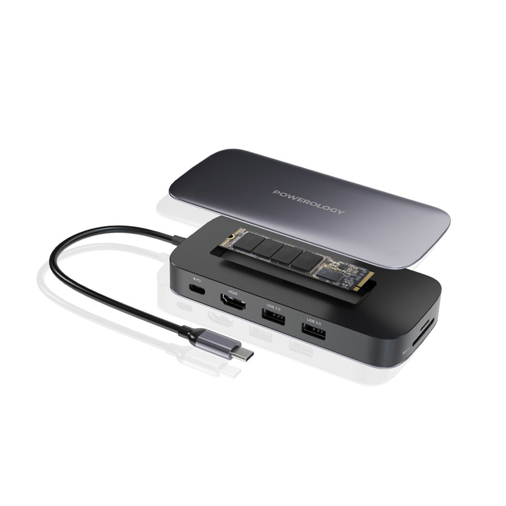 A Photo Of Powerology 512GB USB-C Hub & SSD Drive - All-in-One Connectivity and Storage with PD 100W - Gray