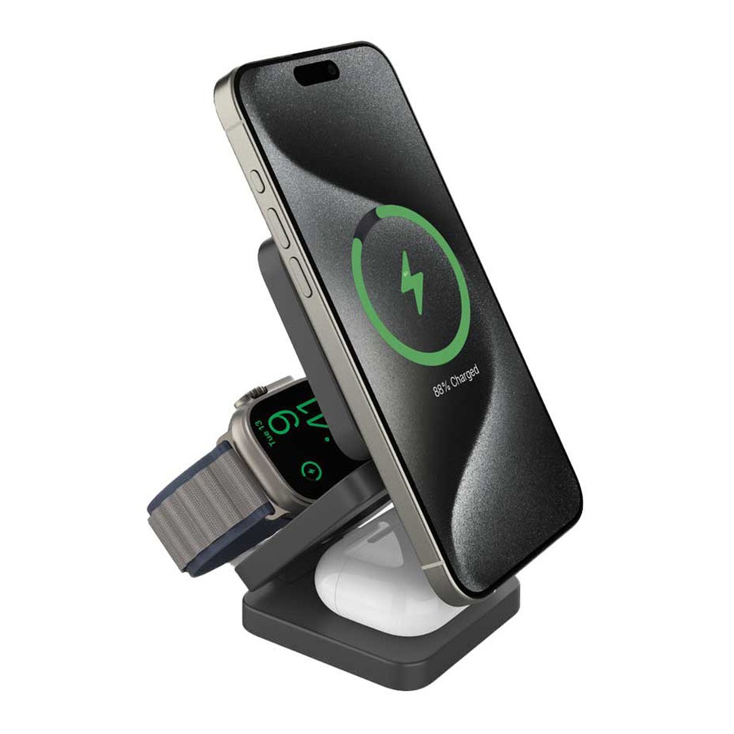 A Photo Of Porodo 3-in-1 MagSafe Wireless Foldable Fast Charger 15W - Multi-Device Charging Station for iPhone, Apple Watch, and AirPods