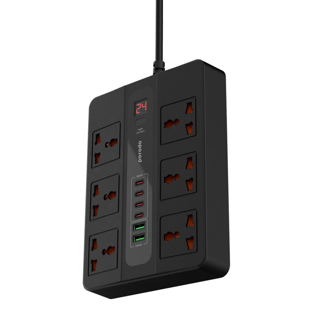 A Photo Of Porodo 6 AC 2 USB-A 24W & 4 USB-C PD 36W Multi-Port Super Hub 3M 3000W UK - Black