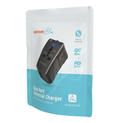 A Photo Of Porodo Blue Dual Port Universal Charger - 20W PD & 18W QC - Black