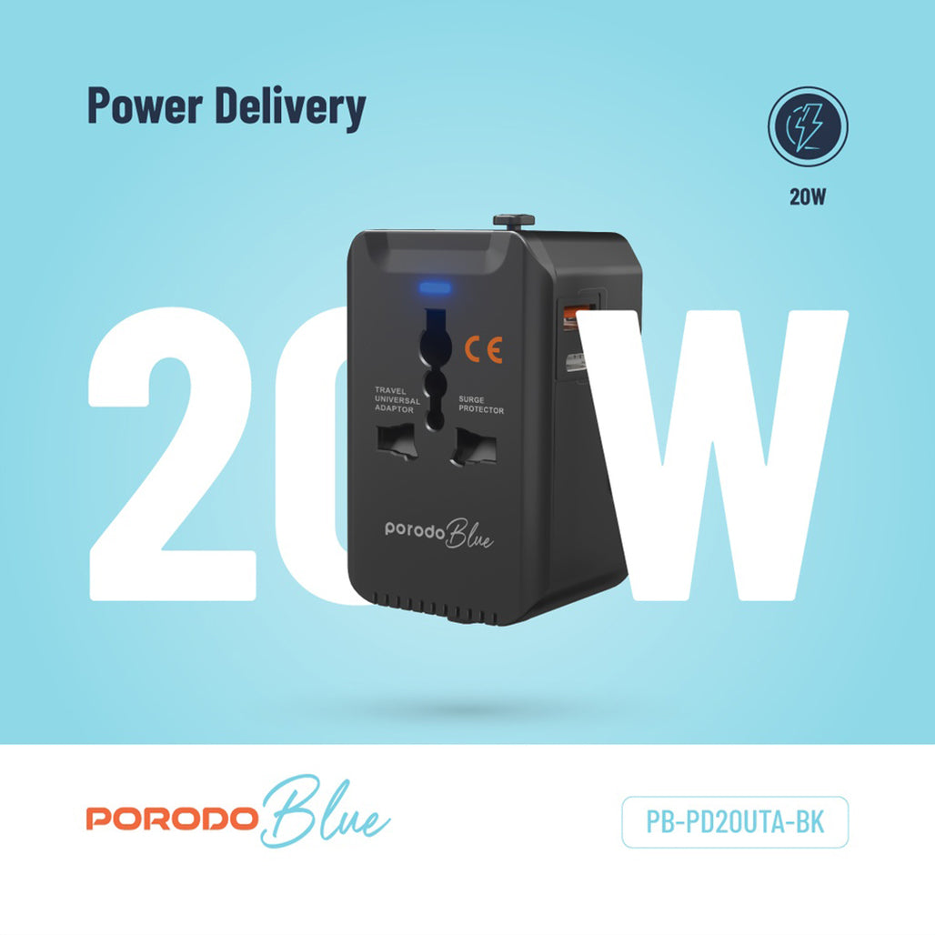 A Photo Of Porodo Blue Dual Port Universal Charger - 20W PD & 18W QC - Black