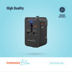 A Photo Of Porodo Blue Dual Port Universal Charger - 20W PD & 18W QC - Black