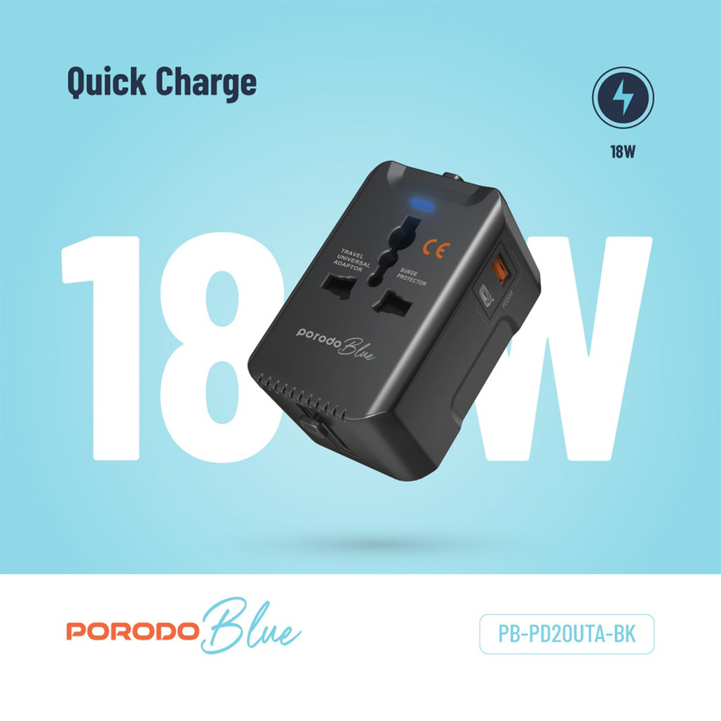 A Photo Of Porodo Blue Dual Port Universal Charger - 20W PD & 18W QC - Black