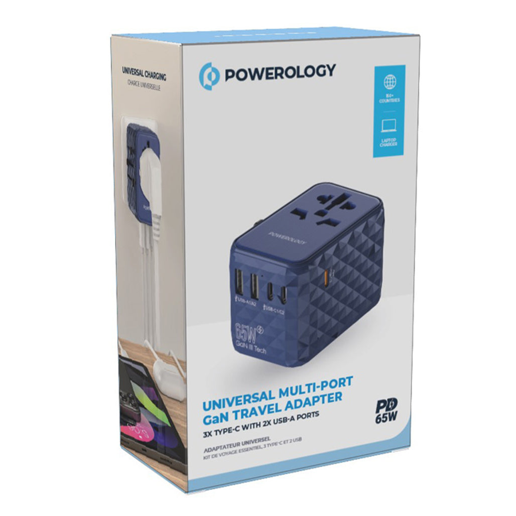 A Photo Of Powerology Universal Multi-Port Travel Adapter PD 65W – Compact, Fast Charging Solution with GaN Technology