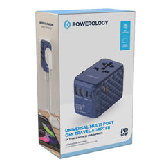 Powerology Universal Multi-Port Travel Adapter PD 65W (3X Type-C / 2X USB-A Ports)