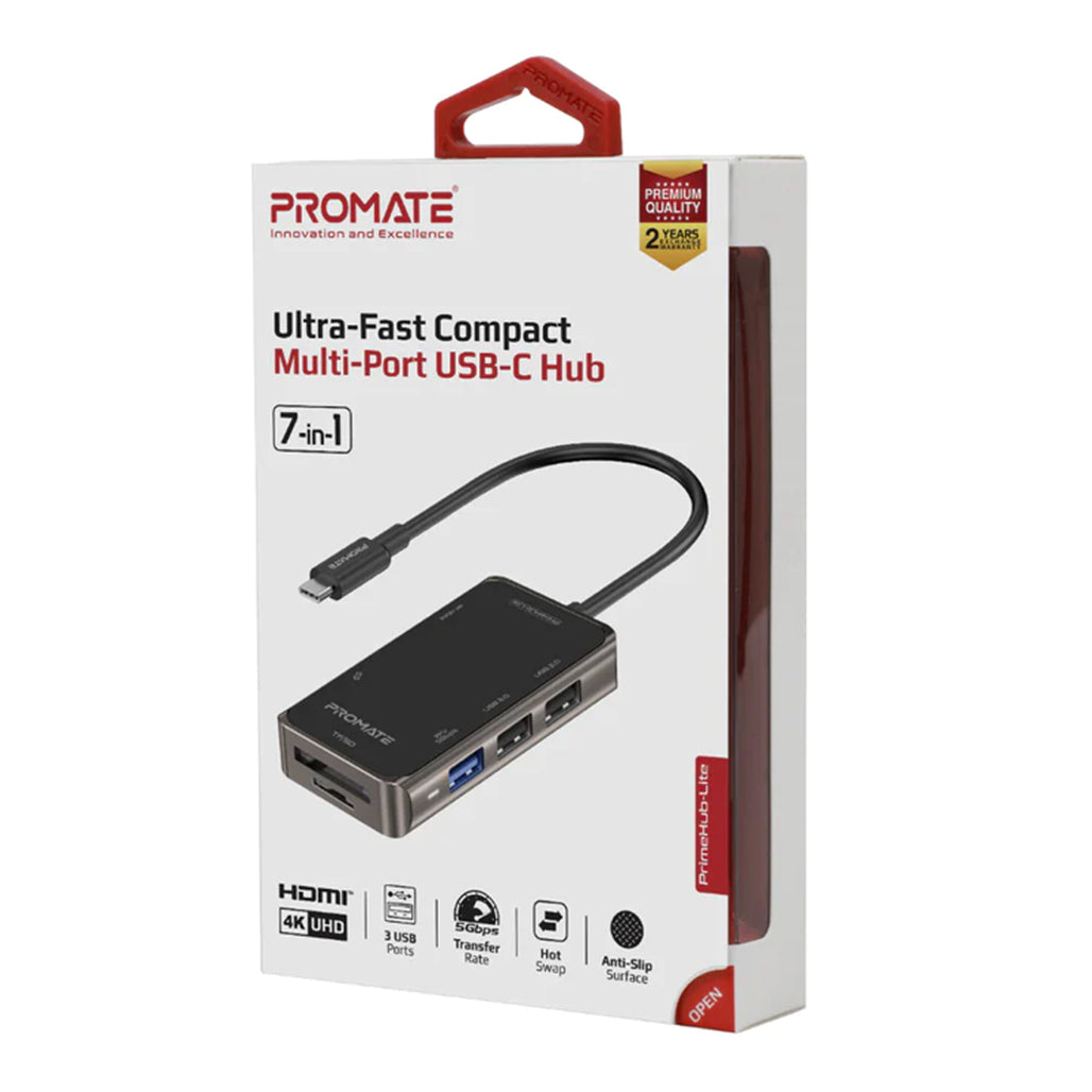 A Photo Of Promate Ultra-Fast Compact Multi-Port USB-C Hub | 4K HDMI, 3 USB 3.0 Ports, USB-C, Dual Card Reader | High-Speed Data Transfer