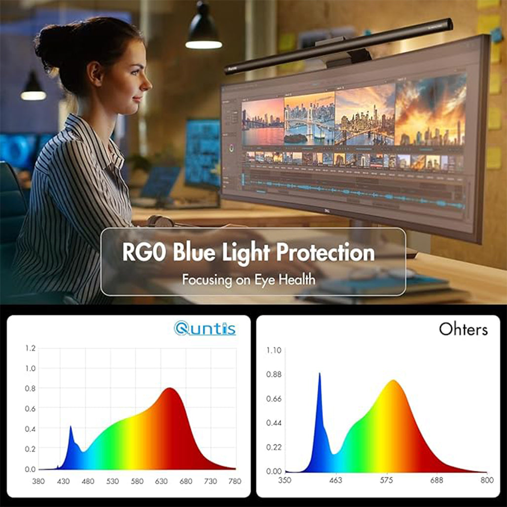 A Photo Of Quntis Curved Monitor Light Bar with Remote Control – 42.5cm LED Eye Care Screen Lamp, Auto Dimming, Anti-Blue Light, Stepless Hue Adjustment, RA95+ for Office & Home