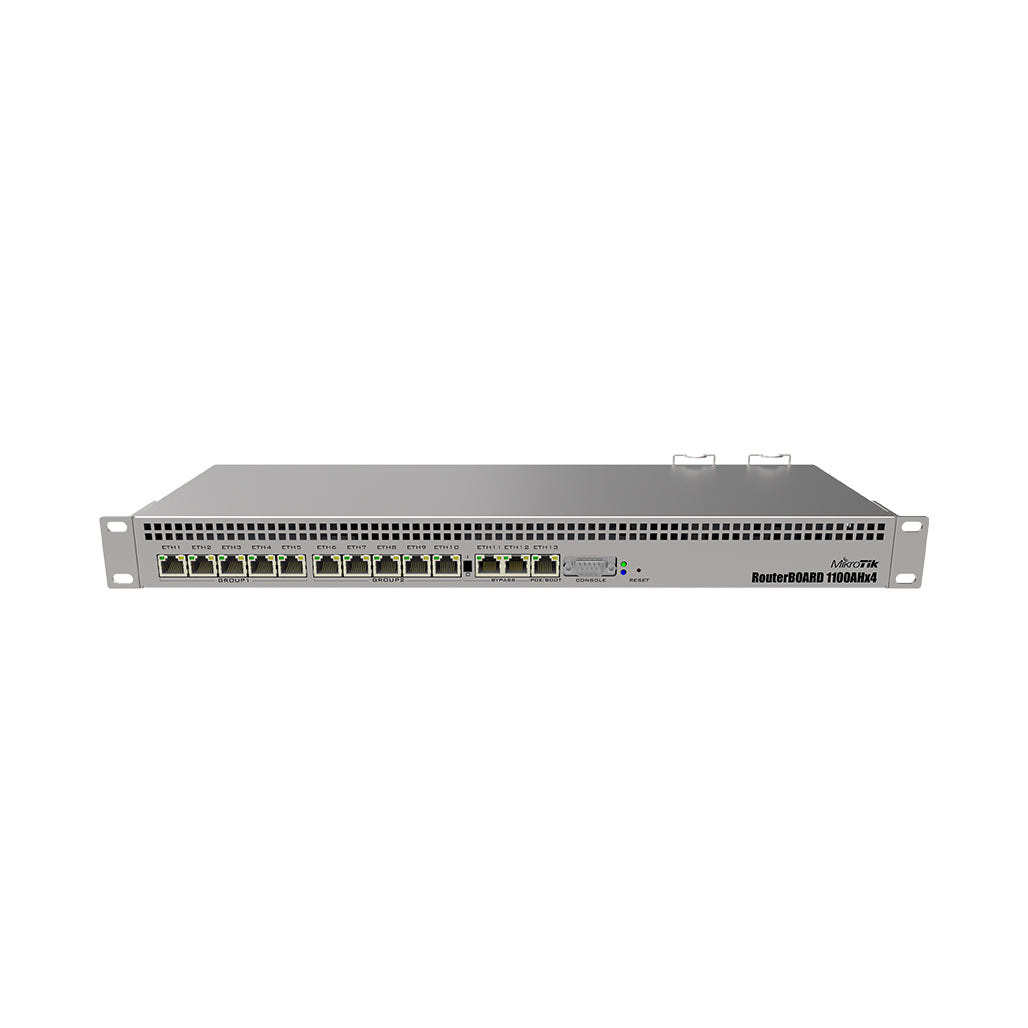 A Photo Of Mikrotik RB1100x4 1U Rackmount Router with 13 Gigabit Ethernet Ports and IPsec Hardware Acceleration