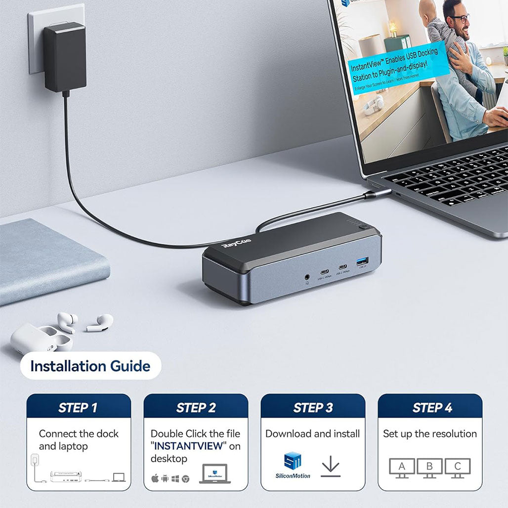 A Photo Of RayCue USB C Docking Station Triple Monitor, 15-in-1 MacBook Pro Dock with 4K HDMI, Compatible with M1/M2, Mac, and Windows