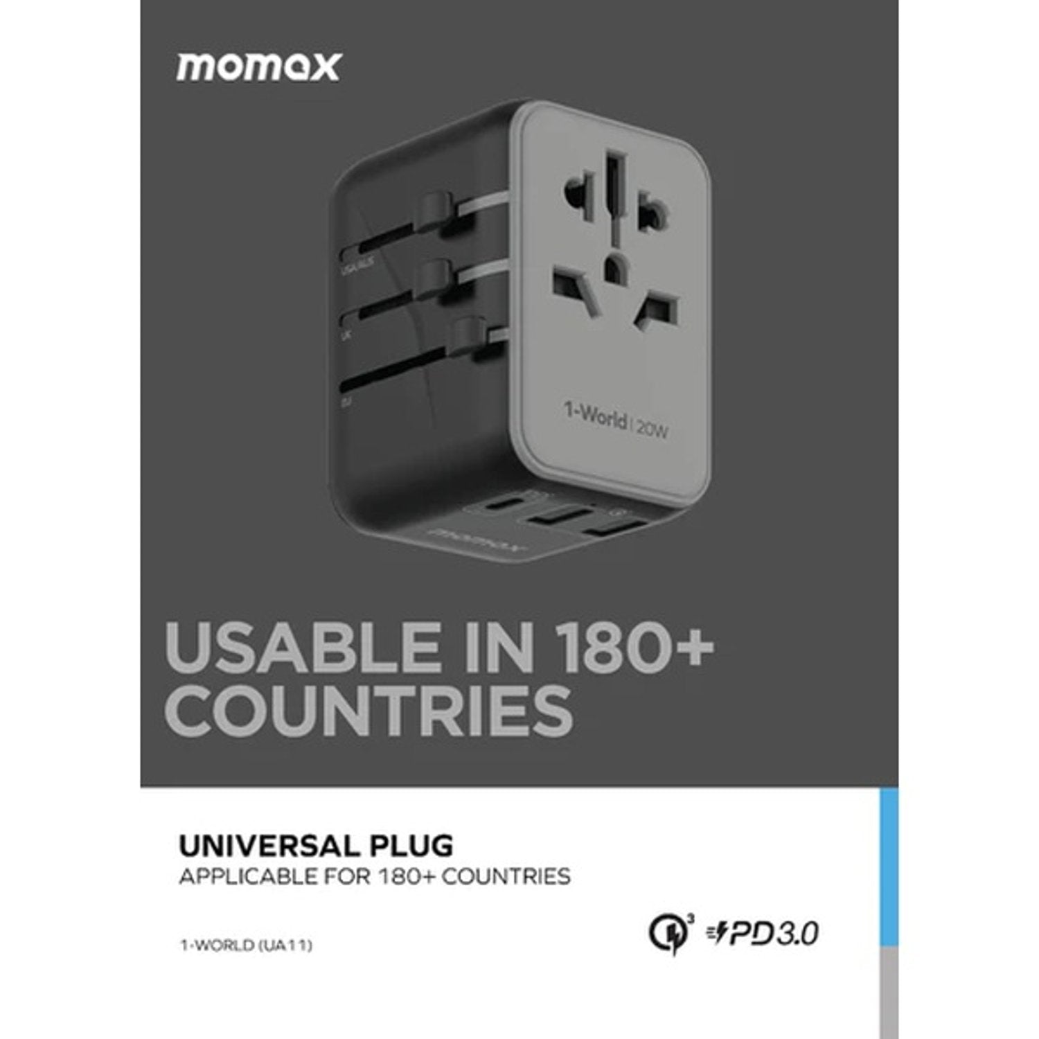 Momax 1-World 20W 3 Ports AC Travel Adapter - Black | UA11D, 32965712740604, Available at 961Souq