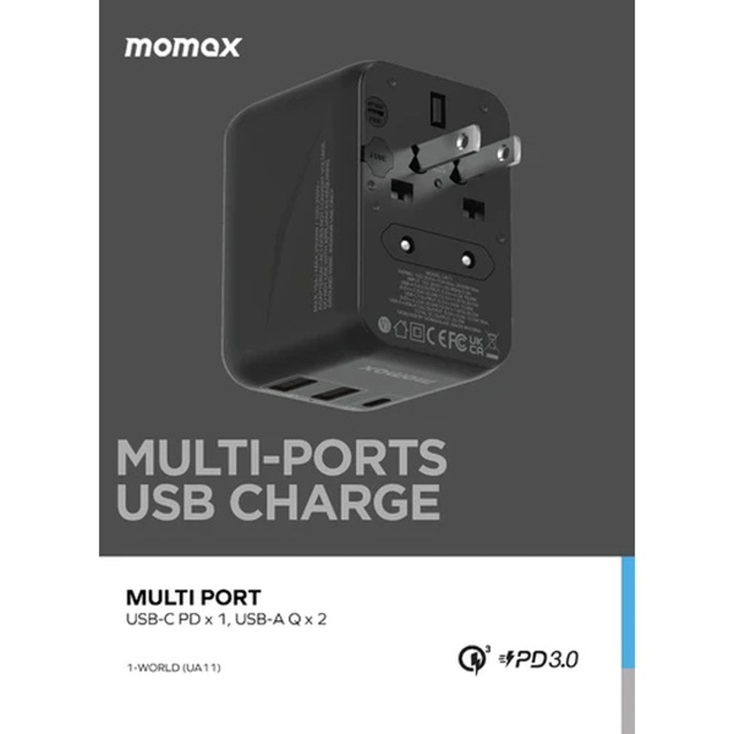 Momax 1-World 20W 3 Ports AC Travel Adapter - Black | UA11D, 32965712707836, Available at 961Souq