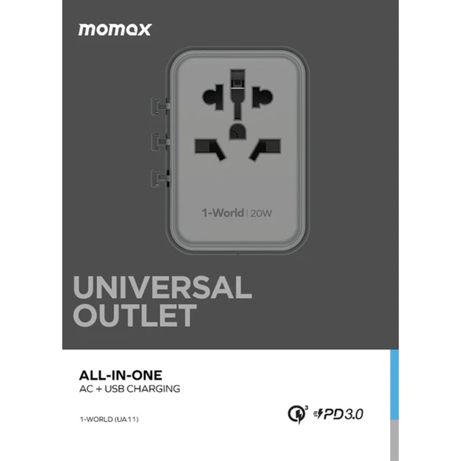 Momax 1-World 20W 3 Ports AC Travel Adapter - Black | UA11D, 32965712675068, Available at 961Souq