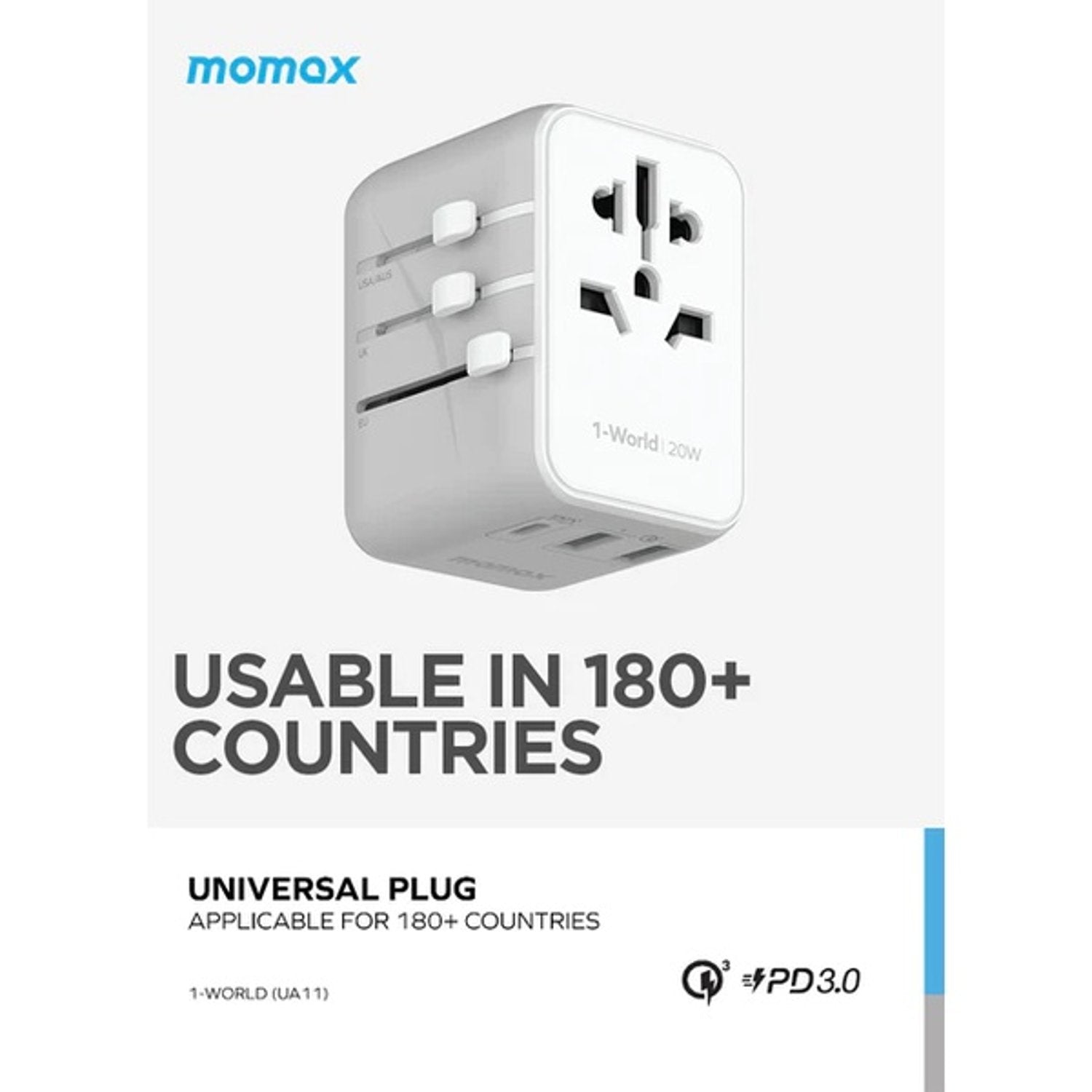 Momax 1-World 20W 3 Ports AC Travel Adapter - White | UA11W, 32965715984636, Available at 961Souq