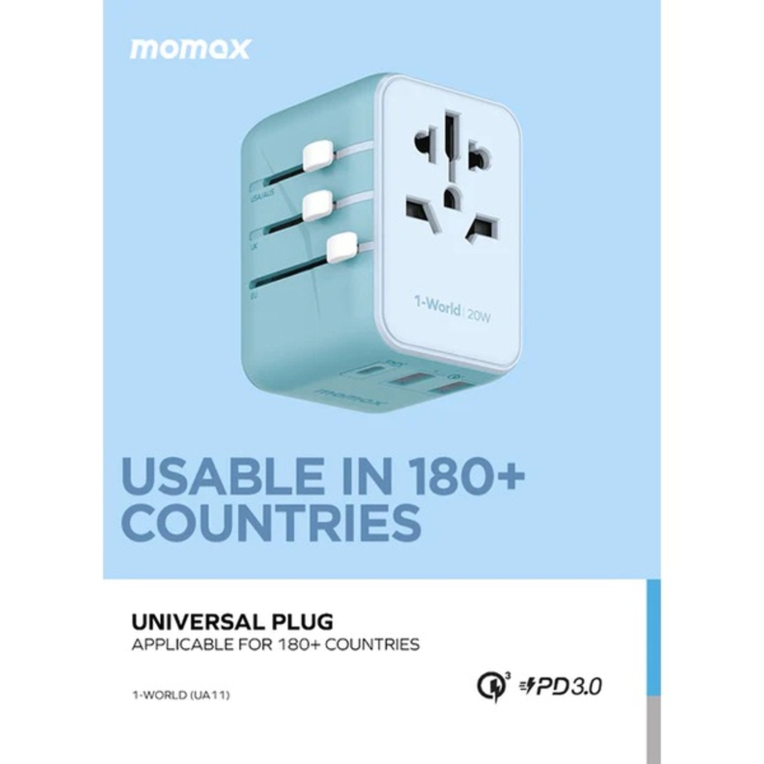Momax 1-World 20W 3 Ports AC Travel Adapter - Blue | UA11B, 32965709889788, Available at 961Souq