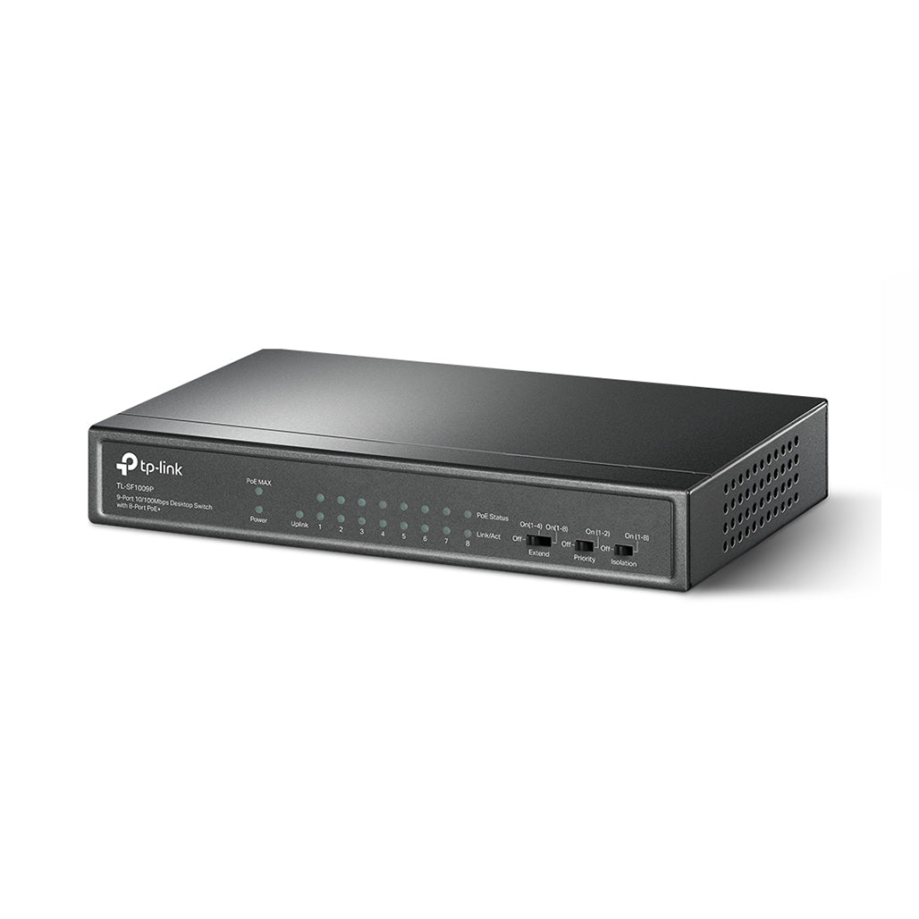 A Photo Of TP-Link TL-SF1009P 9-Port 10/100Mbps Desktop Switch with 8-Port PoE+ | 65W Budget, Extend Mode, Priority Mode