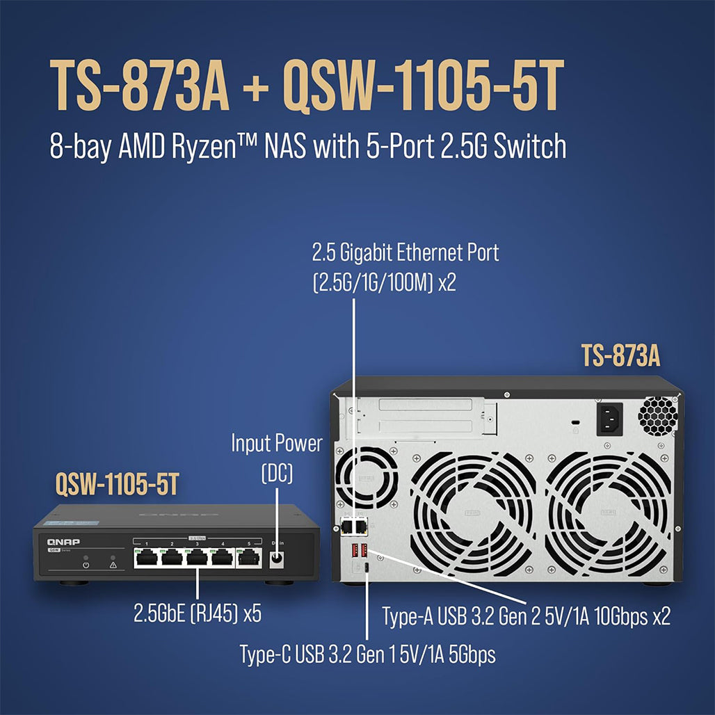 A Photo Of QNAP TS-873A 8-Bay AMD Ryzen Quad-Core NAS with QSW-1105-5T 5-Port 2.5GbE Switch