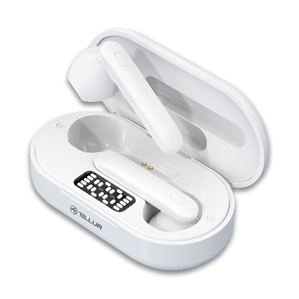 A Photo Of Tellur Flip Bluetooth True Wireless Earphones – White – Lightweight with Touch Controls and Battery Status Display