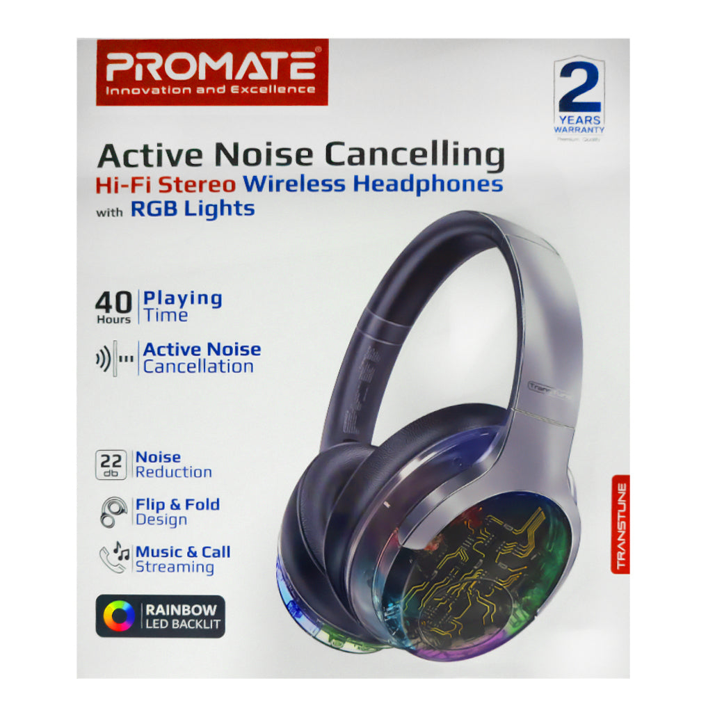 Promate Transtune ANC Wireless Headphones with RGB - Silver, 32903704936700, Available at 961Souq