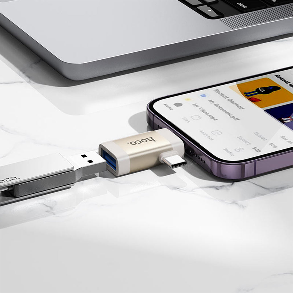 A Photo Of Hoco Adapter for Lightning and Type-C to USB-A | UA31F