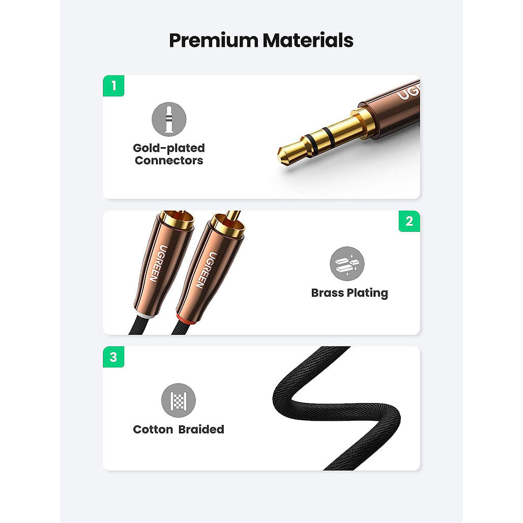 A Photo Of UGreen 3.5mm AUX Male to 2 Male RCA Braided Cable – High-Fidelity Audio Adapter, 6FT