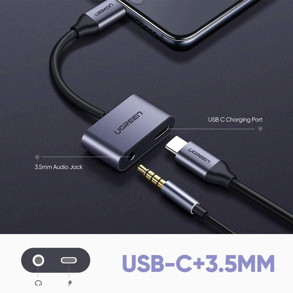 A Photo Of UGreen 2-Port USB-C Hub with 3.5mm Audio Jack | Type-C Adapter for Charging and Listening Simultaneously | 50596