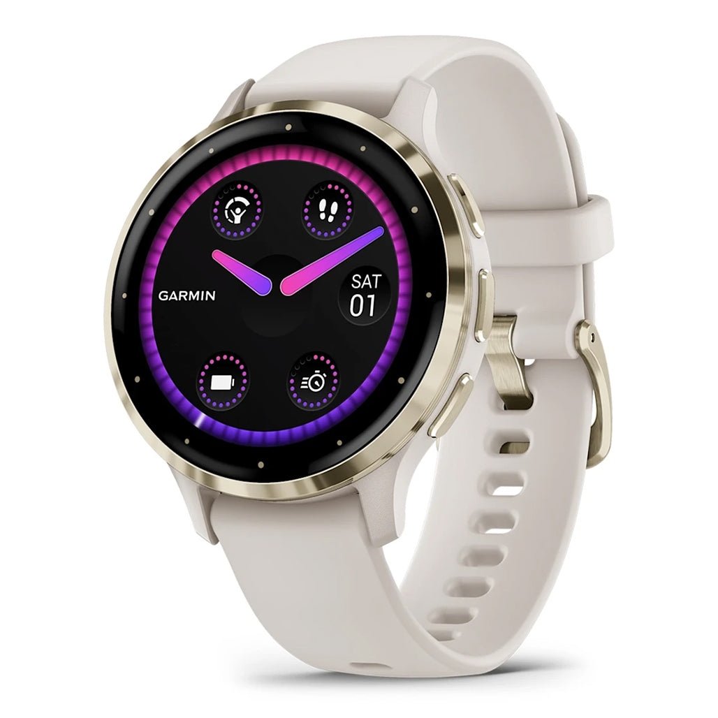 A Photo Of Garmin Venu® 3S - Soft Gold Stainless Steel Bezel with Ivory Case and Silicone Band