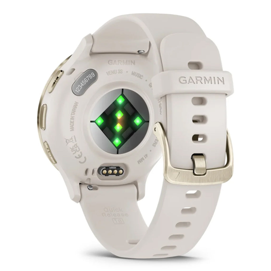 A Photo Of Garmin Venu® 3S - Soft Gold Stainless Steel Bezel with Ivory Case and Silicone Band