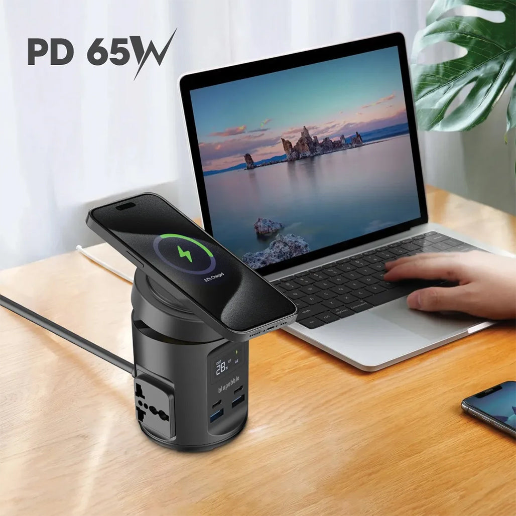 A Photo Of Blupebble MagPod Hub USB-C PD65W & USB-A QC3.0 65W Charger – Wireless & Versatile Charging Hub