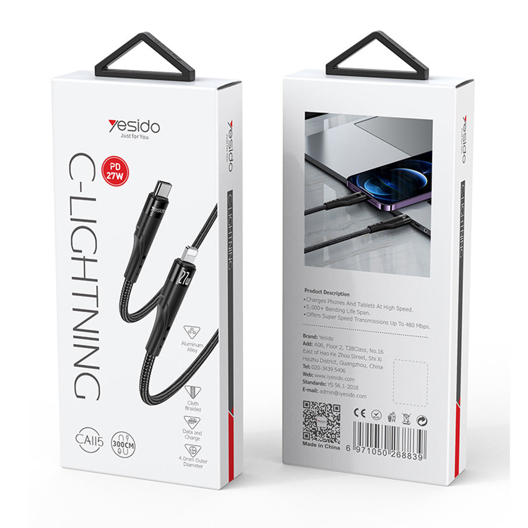 A Photo Of Yesido CA115 3m Type-C to Lightning Data Transfer & Charge Cable – Fast Charging USB Cable for Mobile Devices, Tablet & More