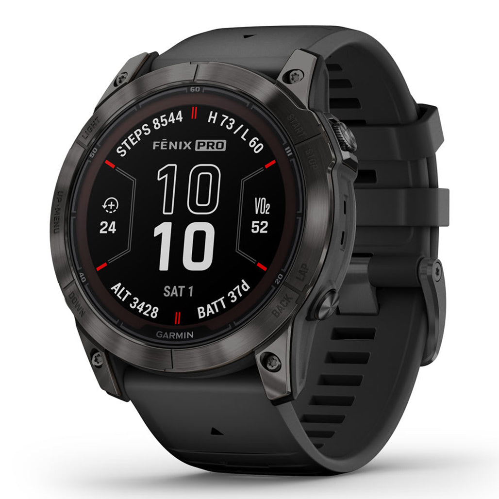 A Photo Of Garmin Fēnix® 7X Pro Sapphire Solar Edition - Titanium with Fog Gray/Ember Orange Band