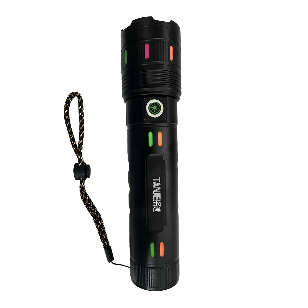 A Photo Of Super Bright LED Flashlight with Slide Zoom, USB Rechargeable, Type-C Charging, 4 Light Modes, and Power Display