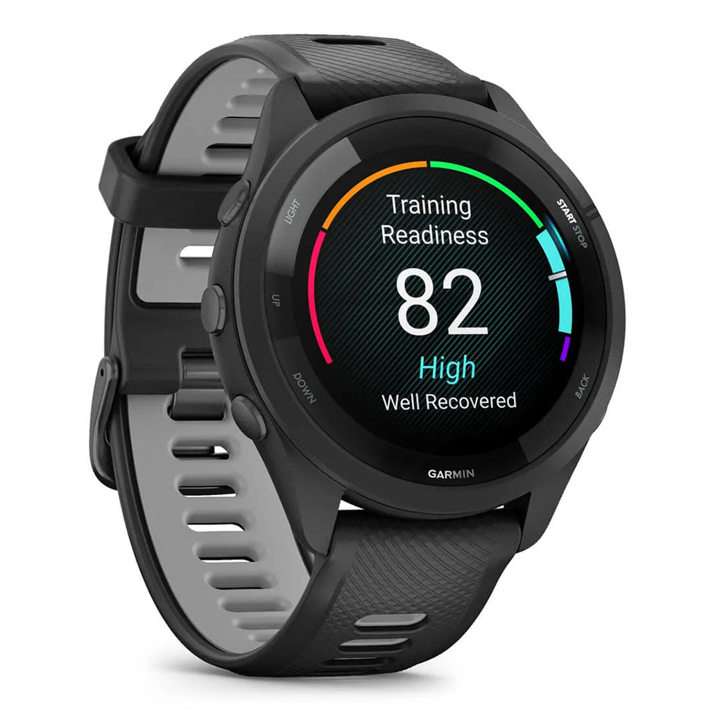 A Photo Of Garmin Forerunner 265 - 010-02810-10 - Black Bezel and Case with Black/Powder Gray Silicone Band