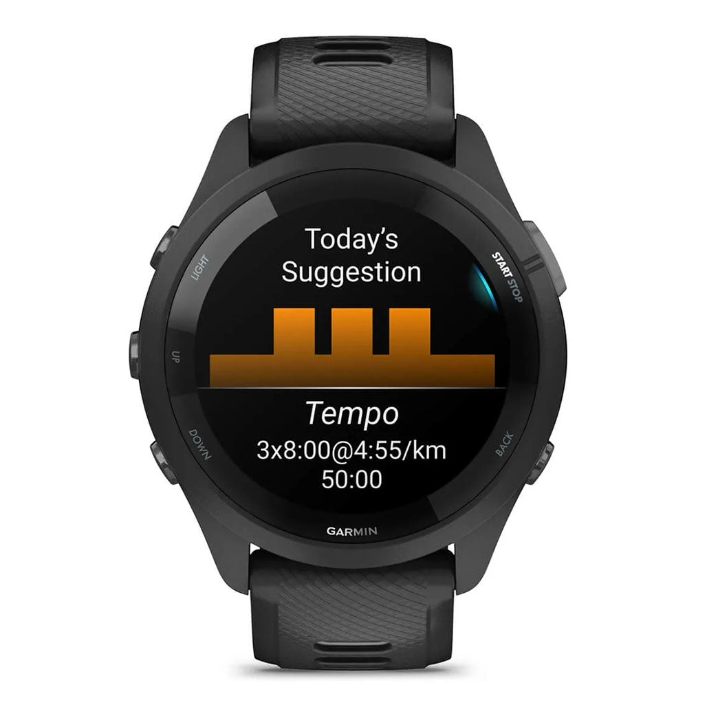 A Photo Of Garmin Forerunner 265 - 010-02810-10 - Black Bezel and Case with Black/Powder Gray Silicone Band